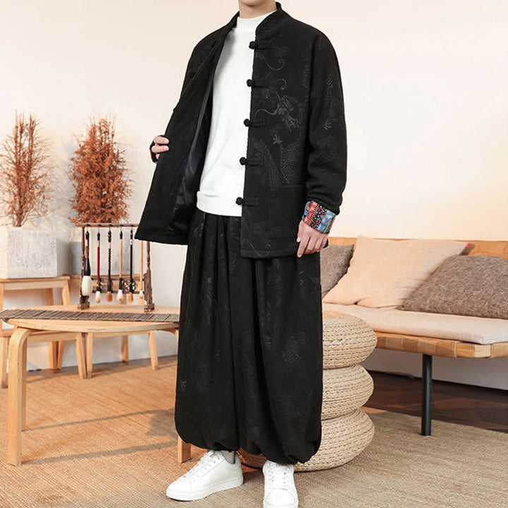 Buddha Stones 2-teiliger Herbst-Winter Herren Tang Anzug Drachenfroschknopf Baumwolle Langarm Jacke und Hose Set - image 9