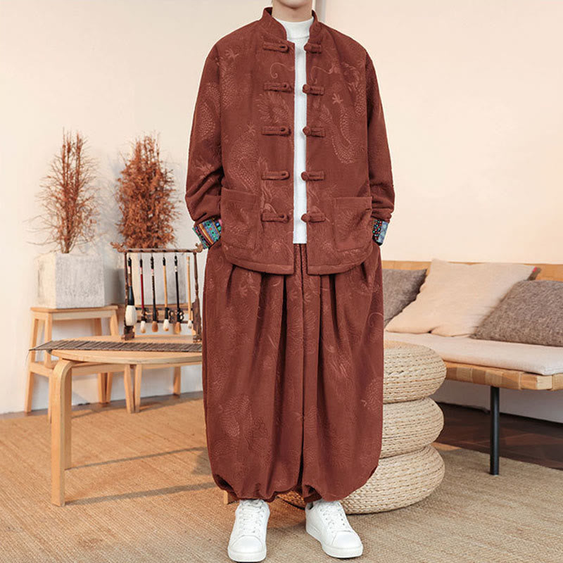 Buddha Stones 2-teiliger Herbst-Winter Herren Tang Anzug Drachenfroschknopf Baumwolle Langarm Jacke und Hose Set - image 11