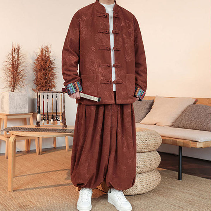 Buddha Stones 2-teiliger Herbst-Winter Herren Tang Anzug Drachenfroschknopf Baumwolle Langarm Jacke und Hose Set - image 12