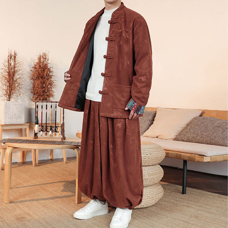 Buddha Stones 2-teiliger Herbst-Winter Herren Tang Anzug Drachenfroschknopf Baumwolle Langarm Jacke und Hose Set - image 14