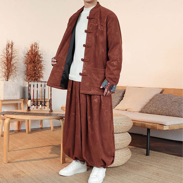 Buddha Stones 2-teiliger Herbst-Winter Herren Tang Anzug Drachenfroschknopf Baumwolle Langarm Jacke und Hose Set - image 14