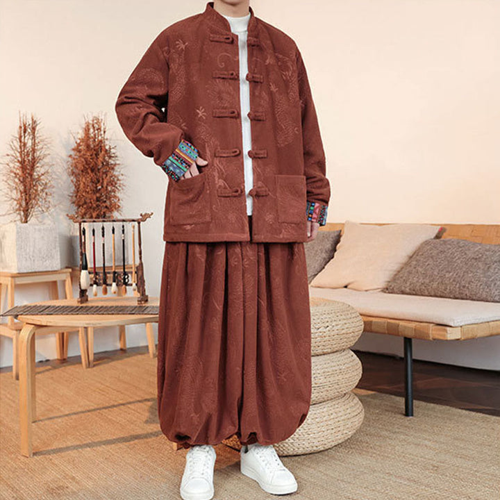 Buddha Stones 2-teiliger Herbst-Winter Herren Tang Anzug Drachenfroschknopf Baumwolle Langarm Jacke und Hose Set - image 15
