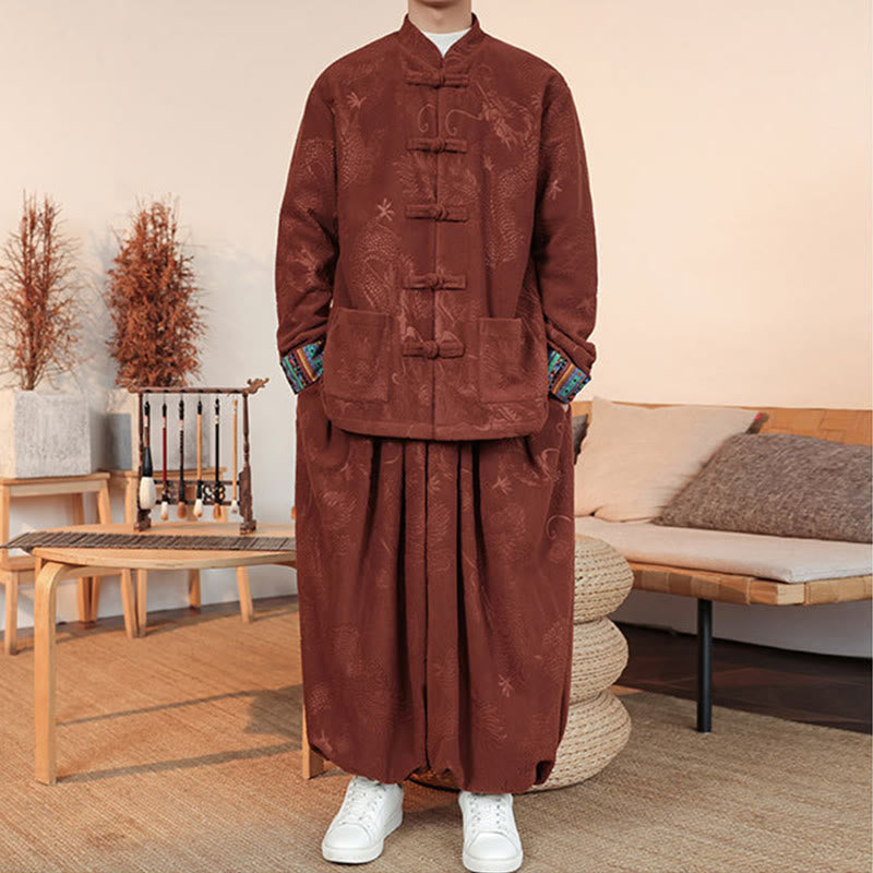 Buddha Stones 2-teiliger Herbst-Winter Herren Tang Anzug Drachenfroschknopf Baumwolle Langarm Jacke und Hose Set - image 16