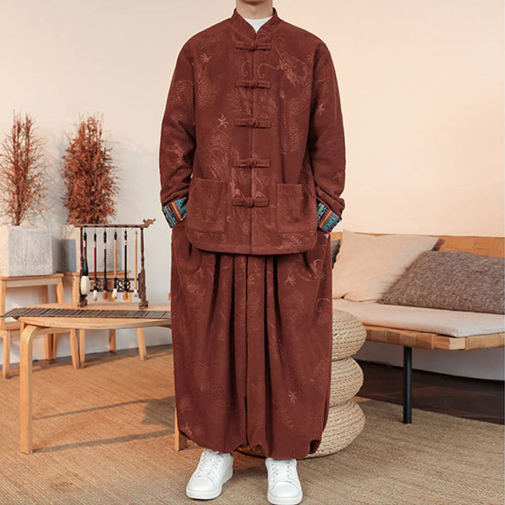 Buddha Stones 2-teiliger Herbst-Winter Herren Tang Anzug Drachenfroschknopf Baumwolle Langarm Jacke und Hose Set - image 16