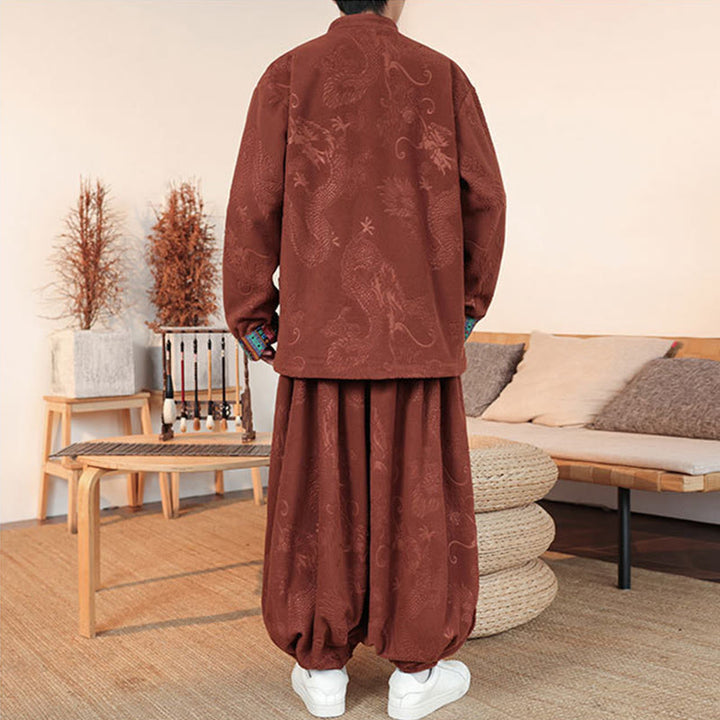 Buddha Stones 2-teiliger Herbst-Winter Herren Tang Anzug Drachenfroschknopf Baumwolle Langarm Jacke und Hose Set - image 13