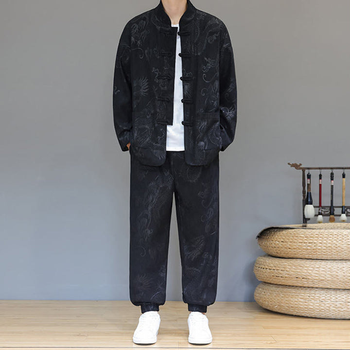 Buddha Stones 2-teiliger Herbst/Winter Herren Tang Anzug Drachenfrosch-Knopf Baumwollcord Langarm Jacke Hosenset mit Taschen - Schwarz - US/ UK/AU46, EU56 (5XL) - image 12