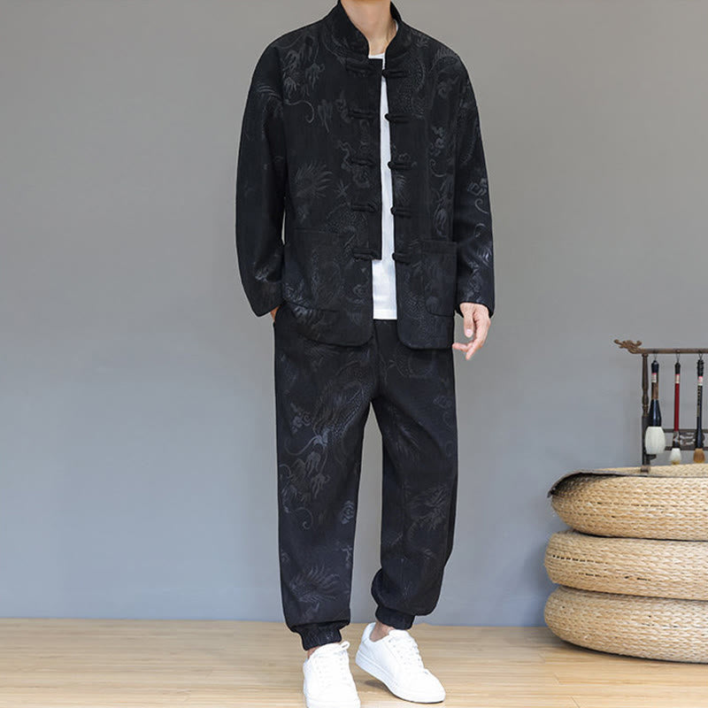 Buddha Stones 2-teiliger Herbst/Winter Herren Tang Anzug Drachenfrosch-Knopf Baumwollcord Langarm Jacke Hosenset mit Taschen - image 13