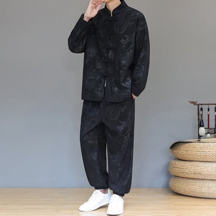 Buddha Stones 2-teiliger Herbst/Winter Herren Tang Anzug Drachenfrosch-Knopf Baumwollcord Langarm Jacke Hosenset mit Taschen - image 16