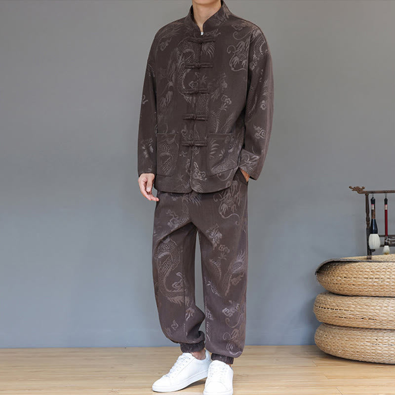 Buddha Stones 2-teiliger Herbst/Winter Herren Tang Anzug Drachenfrosch-Knopf Baumwollcord Langarm Jacke Hosenset mit Taschen - image 6