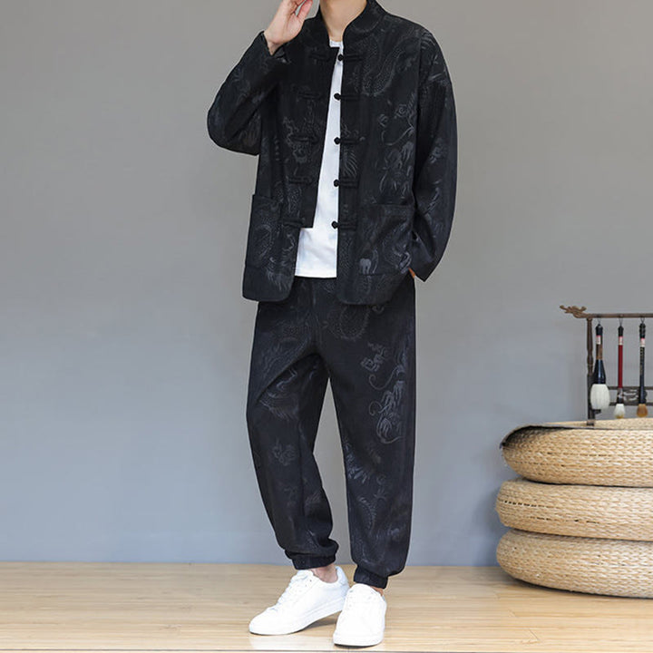 Buddha Stones 2-teiliger Herbst/Winter Herren Tang Anzug Drachenfrosch-Knopf Baumwollcord Langarm Jacke Hosenset mit Taschen - image 18