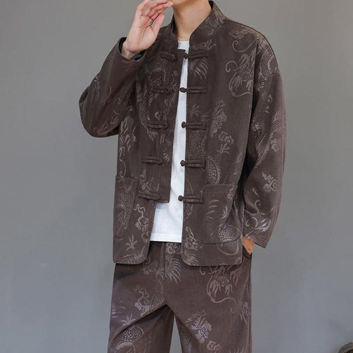 Buddha Stones 2-teiliger Herbst/Winter Herren Tang Anzug Drachenfrosch-Knopf Baumwollcord Langarm Jacke Hosenset mit Taschen - image 8