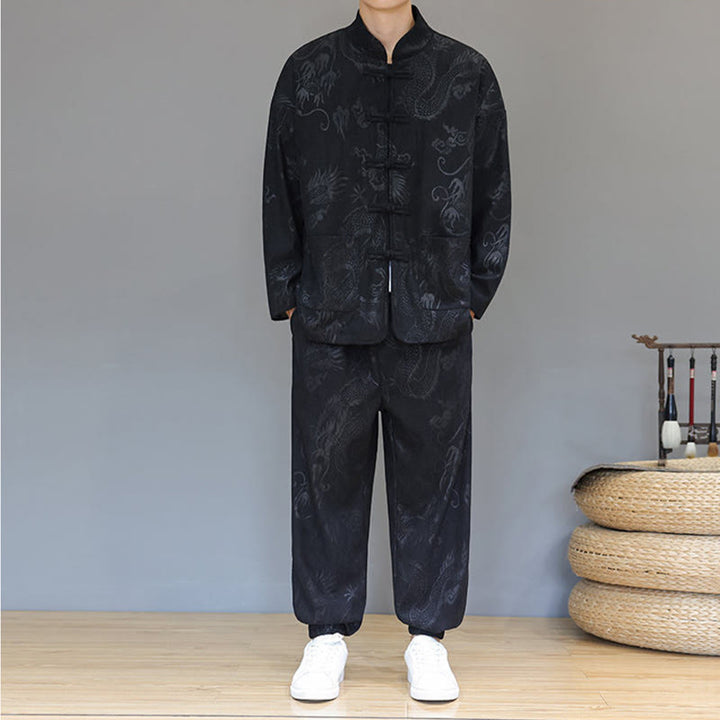 Buddha Stones 2-teiliger Herbst/Winter Herren Tang Anzug Drachenfrosch-Knopf Baumwollcord Langarm Jacke Hosenset mit Taschen - image 14