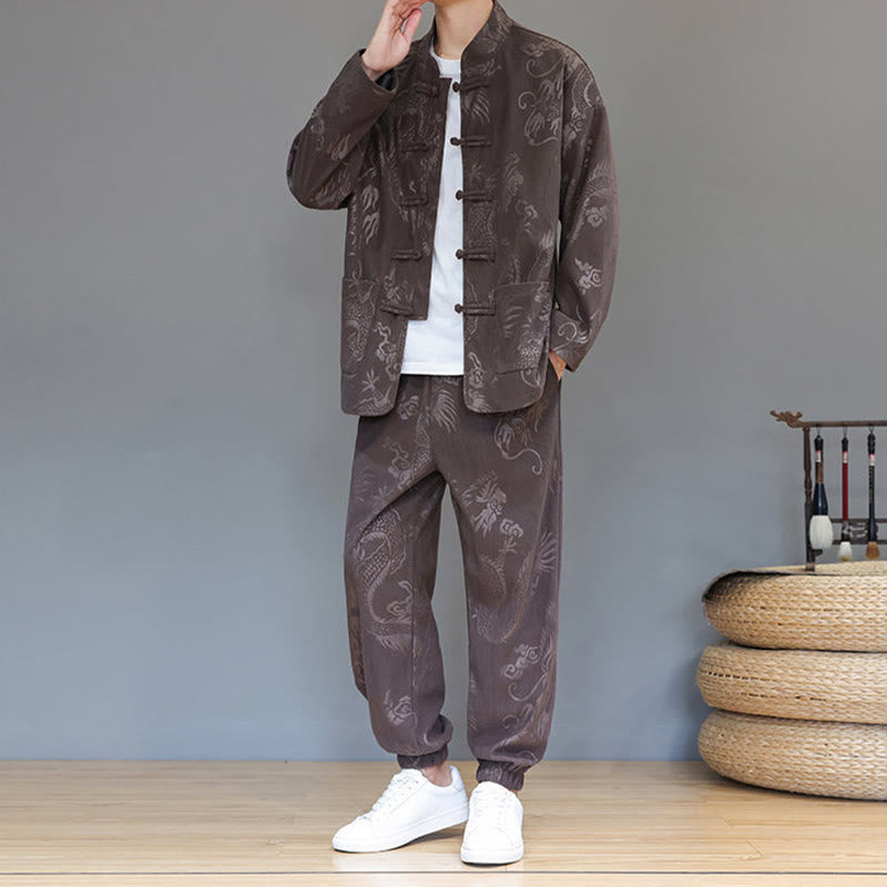 Buddha Stones 2-teiliger Herbst/Winter Herren Tang Anzug Drachenfrosch-Knopf Baumwollcord Langarm Jacke Hosenset mit Taschen - image 7