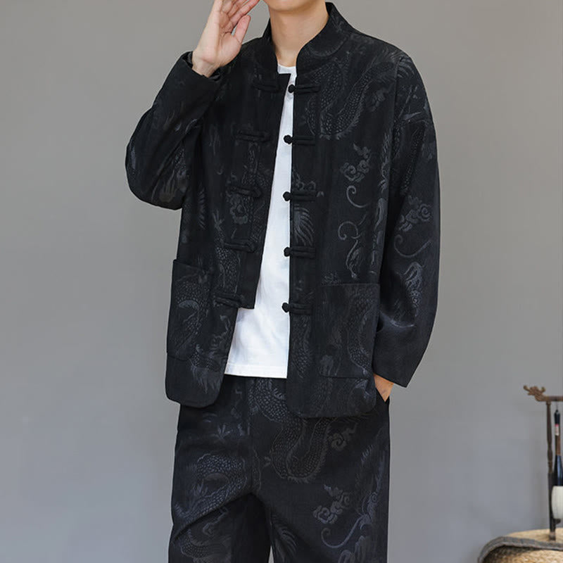 Buddha Stones 2-teiliger Herbst/Winter Herren Tang Anzug Drachenfrosch-Knopf Baumwollcord Langarm Jacke Hosenset mit Taschen - image 21