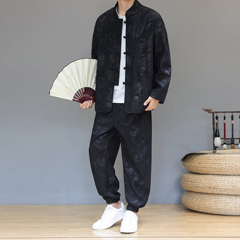 Buddha Stones 2-teiliger Herbst/Winter Herren Tang Anzug Drachenfrosch-Knopf Baumwollcord Langarm Jacke Hosenset mit Taschen - image 17