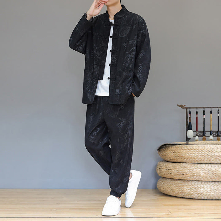 Buddha Stones 2-teiliger Herbst/Winter Herren Tang Anzug Drachenfrosch-Knopf Baumwollcord Langarm Jacke Hosenset mit Taschen - image 19