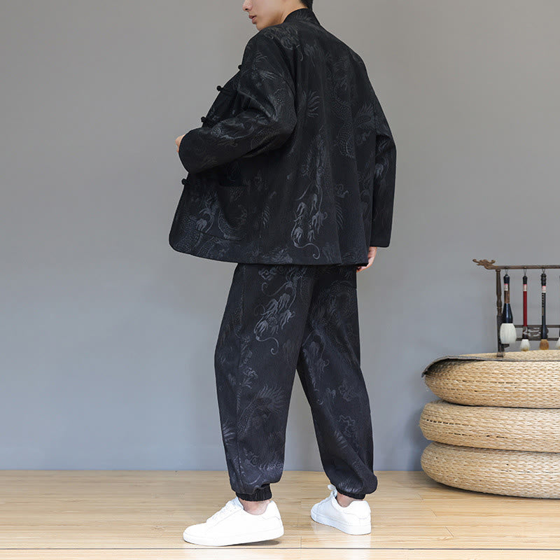 Buddha Stones 2-teiliger Herbst/Winter Herren Tang Anzug Drachenfrosch-Knopf Baumwollcord Langarm Jacke Hosenset mit Taschen - image 15