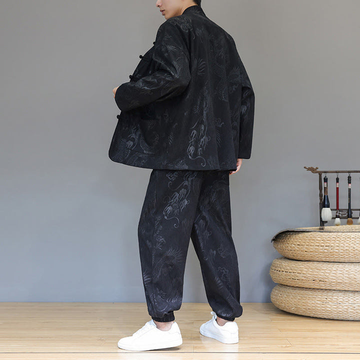 Buddha Stones 2-teiliger Herbst/Winter Herren Tang Anzug Drachenfrosch-Knopf Baumwollcord Langarm Jacke Hosenset mit Taschen - image 15