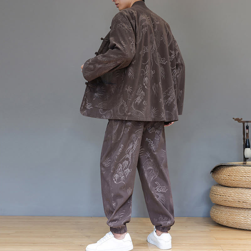 Buddha Stones 2-teiliger Herbst/Winter Herren Tang Anzug Drachenfrosch-Knopf Baumwollcord Langarm Jacke Hosenset mit Taschen - image 3