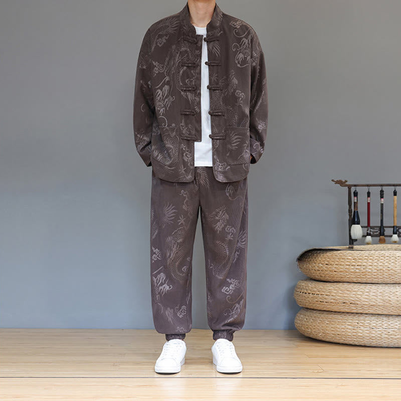 Buddha Stones 2-teiliger Herbst/Winter Herren Tang Anzug Drachenfrosch-Knopf Baumwollcord Langarm Jacke Hosenset mit Taschen - image 2