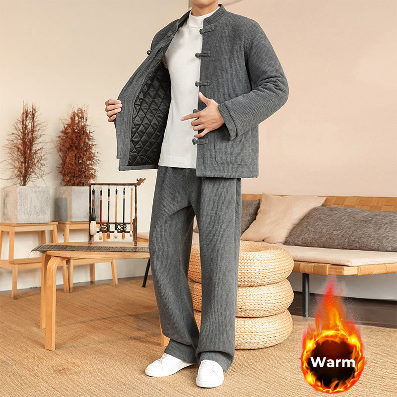 Buddha Stones 2-teiliger Winteranzug für Herren, einfarbig, mit Froschknopfverschluss, Baumwolle, lange Ärmel, Jacke und Hose mit Taschen - image 1