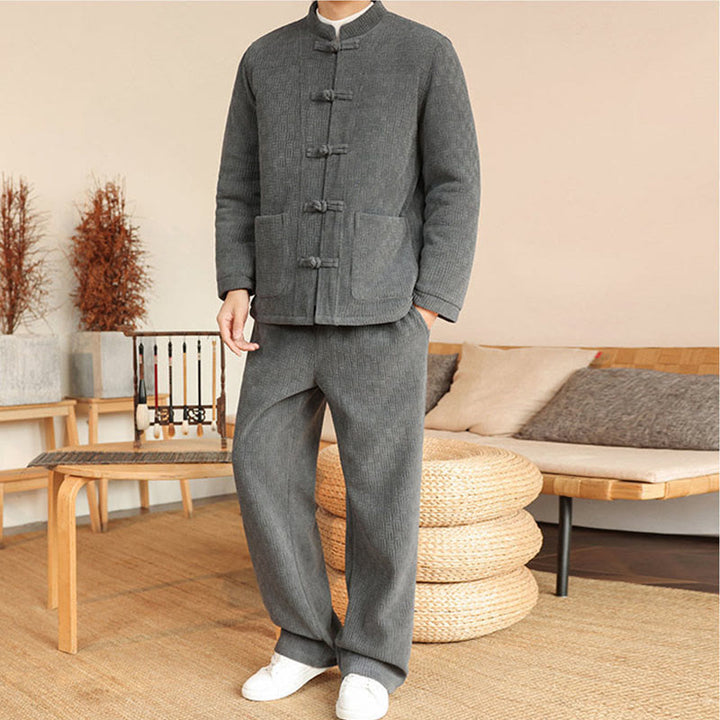 Buddha Stones 2-teiliger Winteranzug für Herren, einfarbig, mit Froschknopfverschluss, Baumwolle, lange Ärmel, Jacke und Hose mit Taschen - image 4