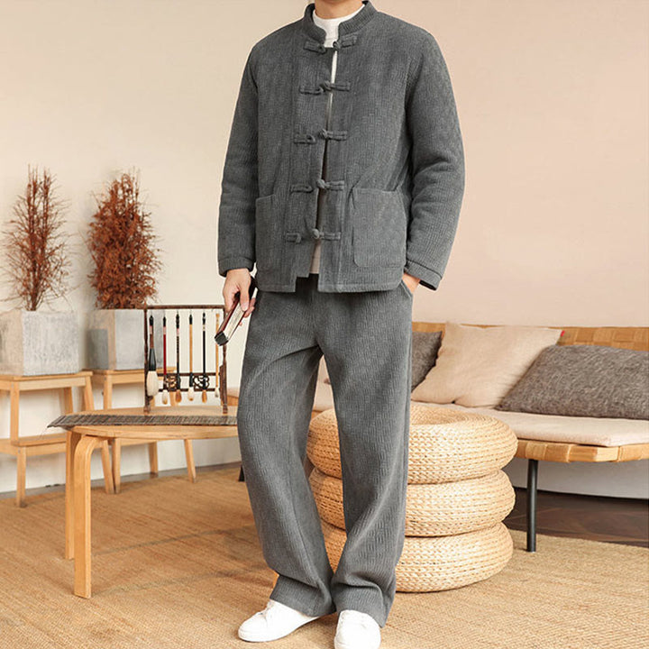 Buddha Stones 2-teiliger Winteranzug für Herren, einfarbig, mit Froschknopfverschluss, Baumwolle, lange Ärmel, Jacke und Hose mit Taschen - image 5