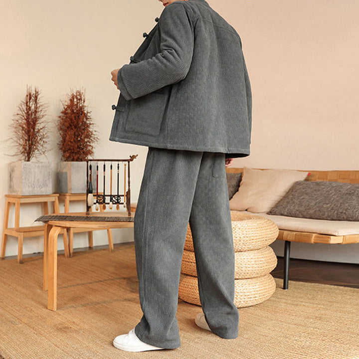 Buddha Stones 2-teiliger Winteranzug für Herren, einfarbig, mit Froschknopfverschluss, Baumwolle, lange Ärmel, Jacke und Hose mit Taschen - image 3