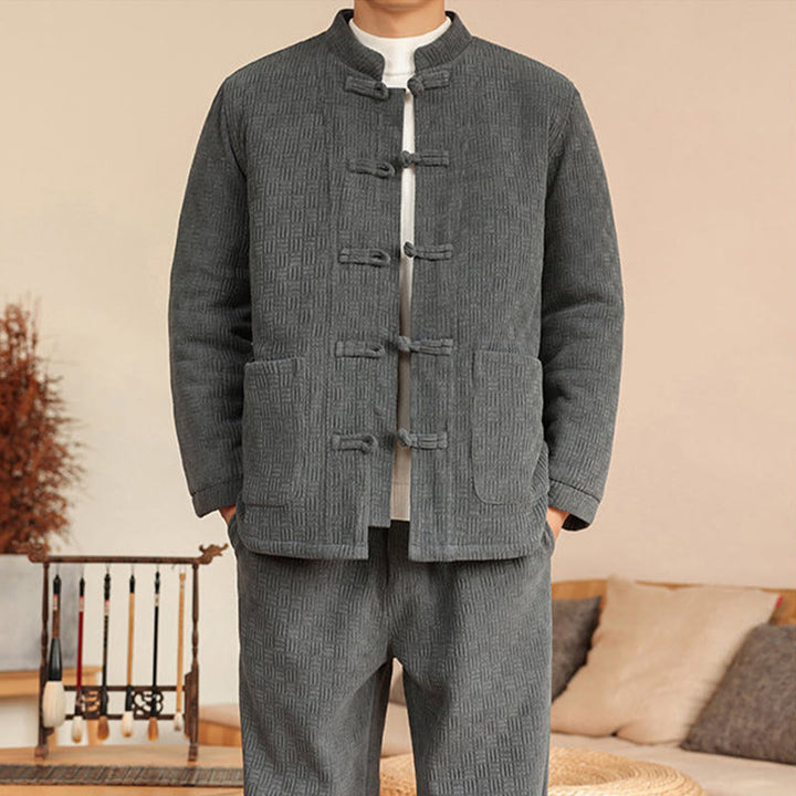 Buddha Stones 2-teiliger Winteranzug für Herren, einfarbig, mit Froschknopfverschluss, Baumwolle, lange Ärmel, Jacke und Hose mit Taschen - image 8