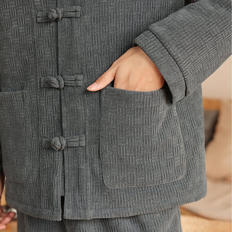 Buddha Stones 2-teiliger Winteranzug für Herren, einfarbig, mit Froschknopfverschluss, Baumwolle, lange Ärmel, Jacke und Hose mit Taschen - image 11