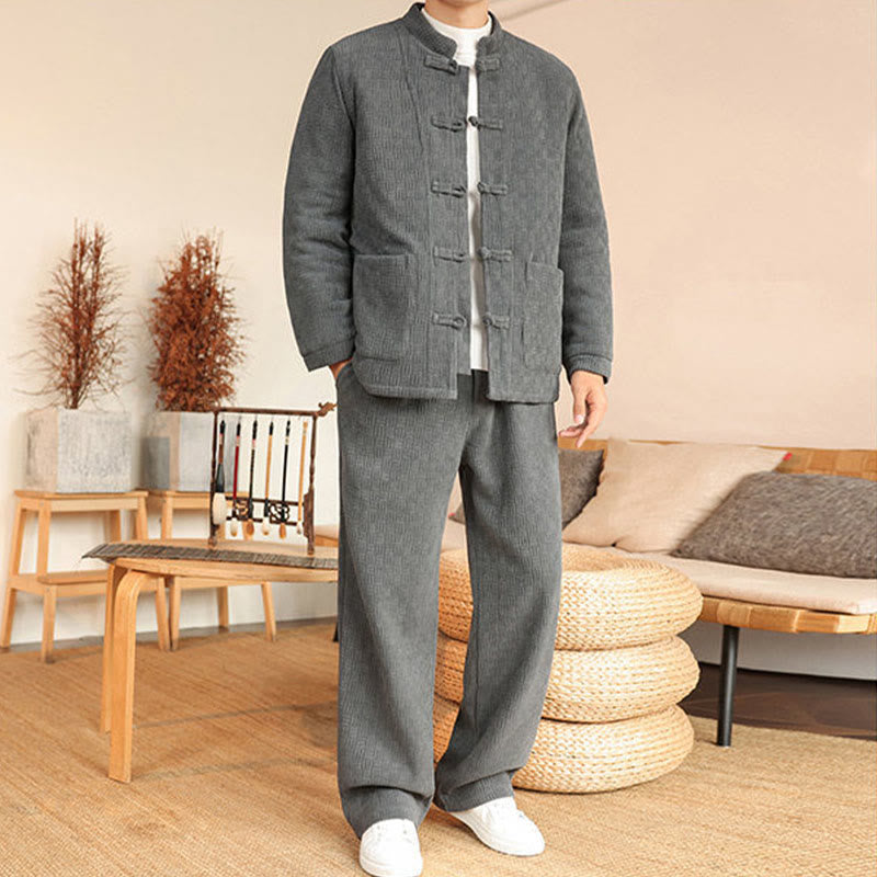 Buddha Stones 2-teiliger Winteranzug für Herren, einfarbig, mit Froschknopfverschluss, Baumwolle, lange Ärmel, Jacke und Hose mit Taschen - image 2