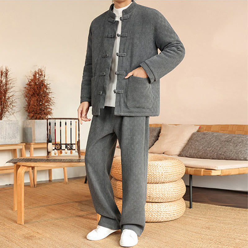 Buddha Stones 2-teiliger Winteranzug für Herren, einfarbig, mit Froschknopfverschluss, Baumwolle, lange Ärmel, Jacke und Hose mit Taschen - image 6