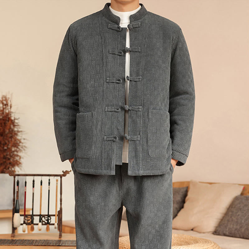 Buddha Stones 2-teiliger Winteranzug für Herren, einfarbig, mit Froschknopfverschluss, Baumwolle, lange Ärmel, Jacke und Hose mit Taschen - image 8