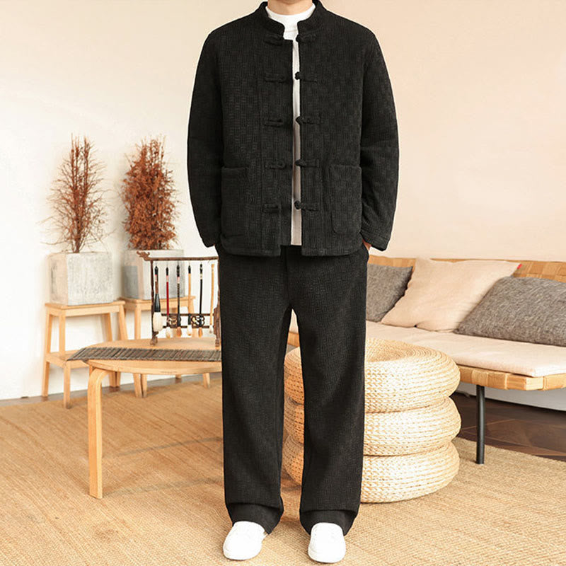 Buddha Stones 2-teiliger Winteranzug für Herren, einfarbig, mit Froschknopfverschluss, Baumwolle, lange Ärmel, Jacke und Hose mit Taschen - Schwarz - US/ UK/AU46, EU56 (5XL) - image 17