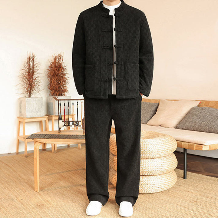 Buddha Stones 2-teiliger Winteranzug für Herren, einfarbig, mit Froschknopfverschluss, Baumwolle, lange Ärmel, Jacke und Hose mit Taschen - Schwarz - US/ UK/AU46, EU56 (5XL) - image 17