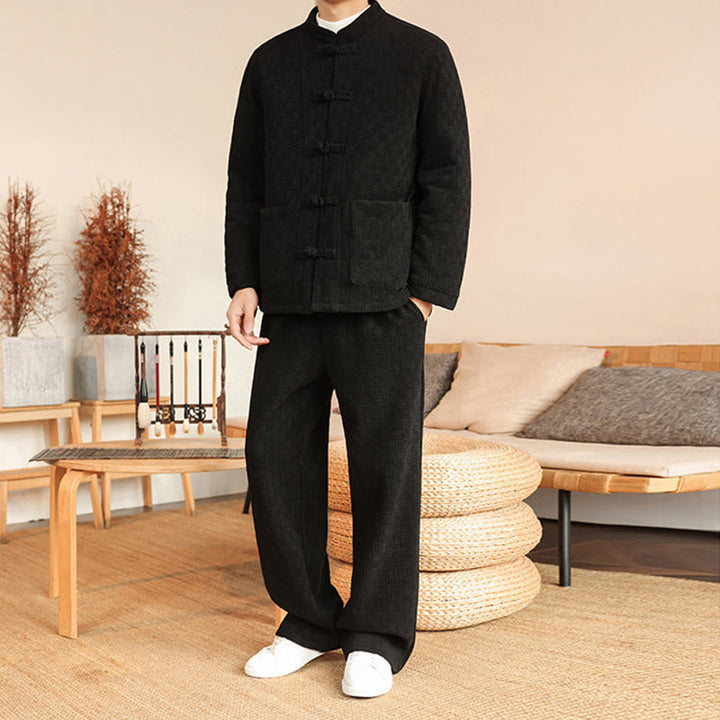 Buddha Stones 2-teiliger Winteranzug für Herren, einfarbig, mit Froschknopfverschluss, Baumwolle, lange Ärmel, Jacke und Hose mit Taschen - image 22