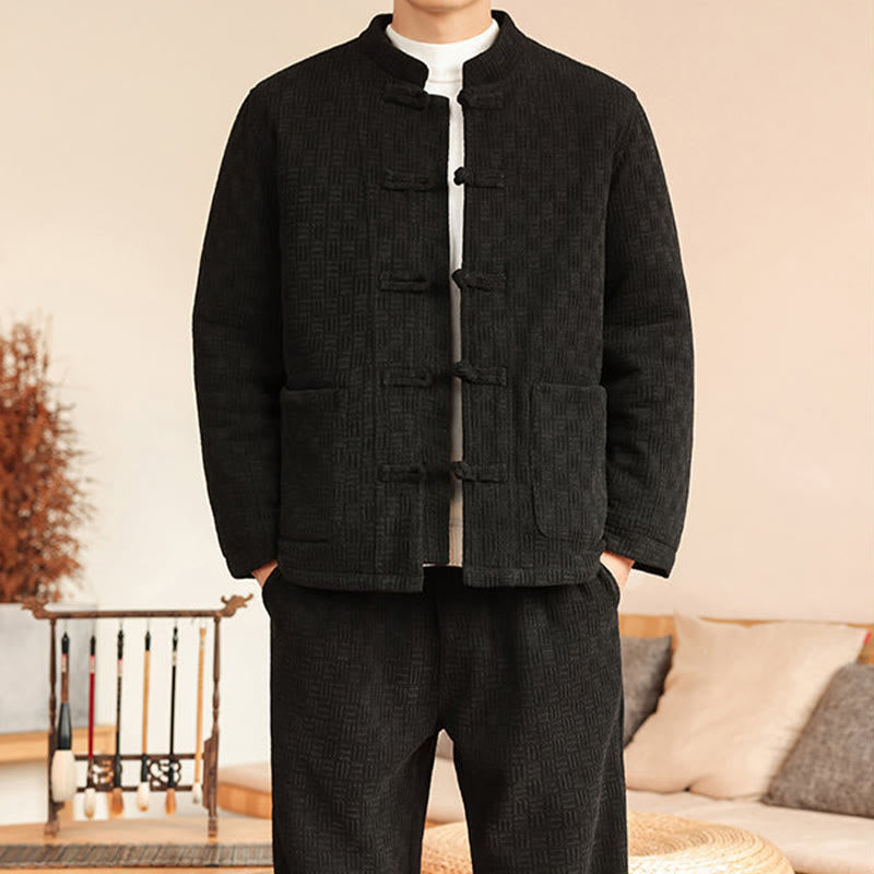 Buddha Stones 2-teiliger Winteranzug für Herren, einfarbig, mit Froschknopfverschluss, Baumwolle, lange Ärmel, Jacke und Hose mit Taschen - image 24