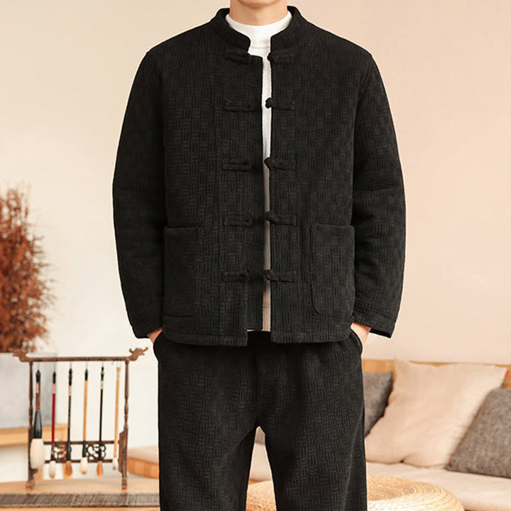Buddha Stones 2-teiliger Winteranzug für Herren, einfarbig, mit Froschknopfverschluss, Baumwolle, lange Ärmel, Jacke und Hose mit Taschen - image 24
