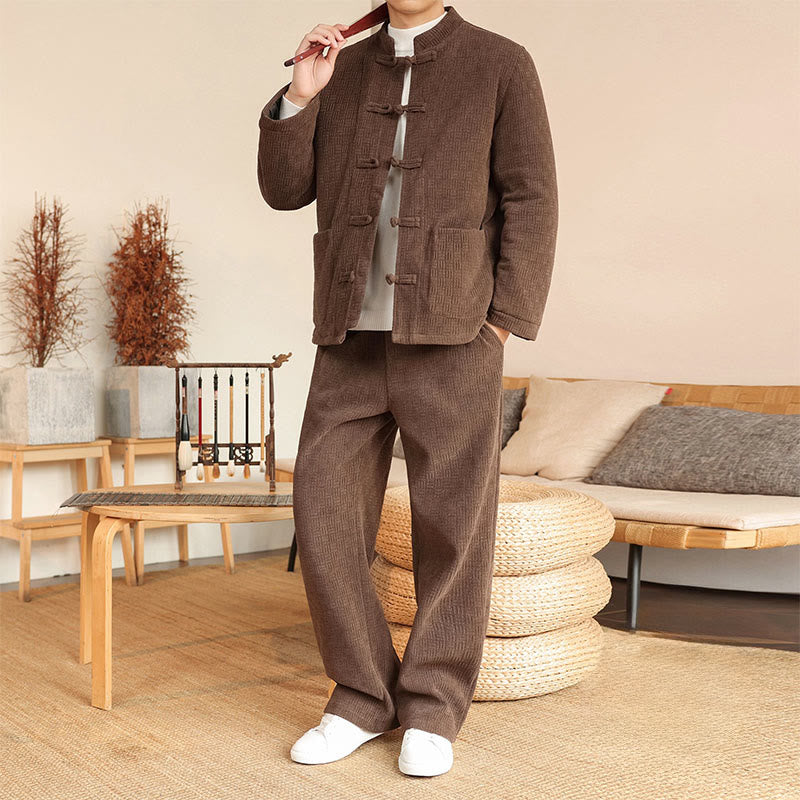 Buddha Stones 2-teiliger Winteranzug für Herren, einfarbig, mit Froschknopfverschluss, Baumwolle, lange Ärmel, Jacke und Hose mit Taschen - image 27
