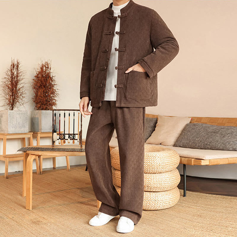 Buddha Stones 2-teiliger Winteranzug für Herren, einfarbig, mit Froschknopfverschluss, Baumwolle, lange Ärmel, Jacke und Hose mit Taschen - image 31