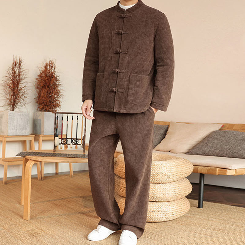 Buddha Stones 2-teiliger Winteranzug für Herren, einfarbig, mit Froschknopfverschluss, Baumwolle, lange Ärmel, Jacke und Hose mit Taschen - image 32
