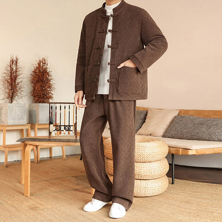 Buddha Stones 2-teiliger Winteranzug für Herren, einfarbig, mit Froschknopfverschluss, Baumwolle, lange Ärmel, Jacke und Hose mit Taschen - image 31