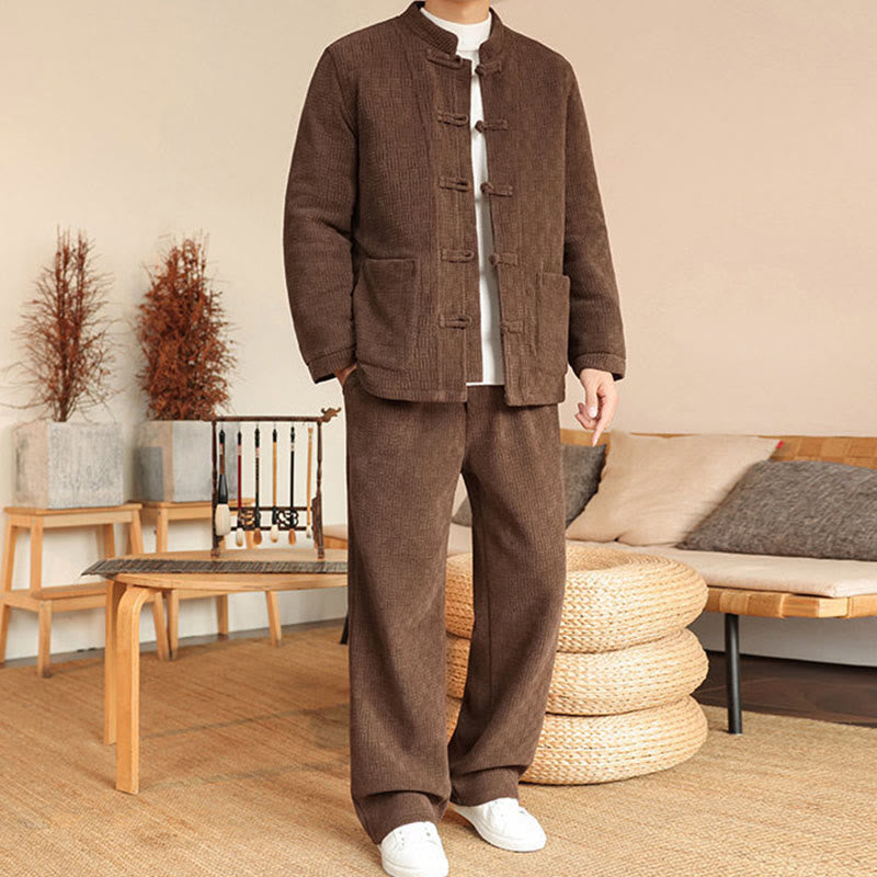 Buddha Stones 2-teiliger Winteranzug für Herren, einfarbig, mit Froschknopfverschluss, Baumwolle, lange Ärmel, Jacke und Hose mit Taschen - image 29
