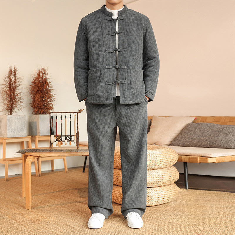 Buddha Stones 2-teiliger Winteranzug für Herren, einfarbig, mit Froschknopfverschluss, Baumwolle, lange Ärmel, Jacke und Hose mit Taschen - Grau - US/ UK/AU46, EU56 (5XL) - image 0