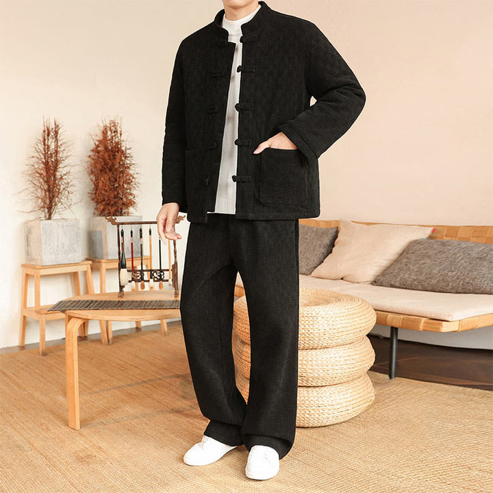 Buddha Stones 2-teiliger Winteranzug für Herren, einfarbig, mit Froschknopfverschluss, Baumwolle, lange Ärmel, Jacke und Hose mit Taschen - image 19