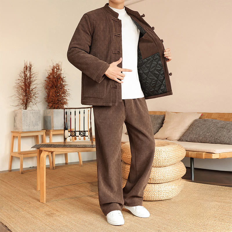 Buddha Stones 2-teiliger Winteranzug für Herren, einfarbig, mit Froschknopfverschluss, Baumwolle, lange Ärmel, Jacke und Hose mit Taschen - image 30