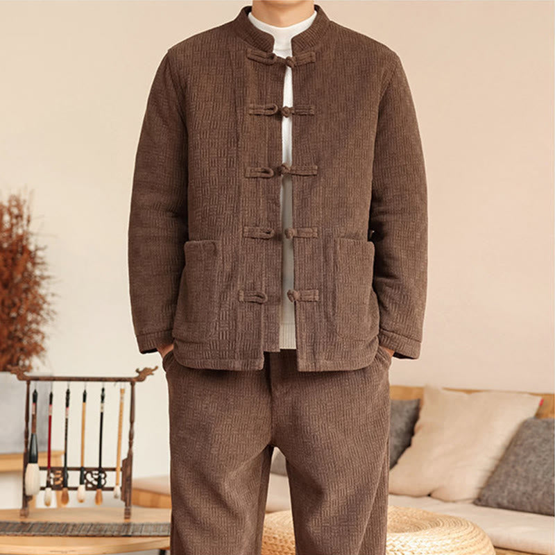 Buddha Stones 2-teiliger Winteranzug für Herren, einfarbig, mit Froschknopfverschluss, Baumwolle, lange Ärmel, Jacke und Hose mit Taschen - image 33
