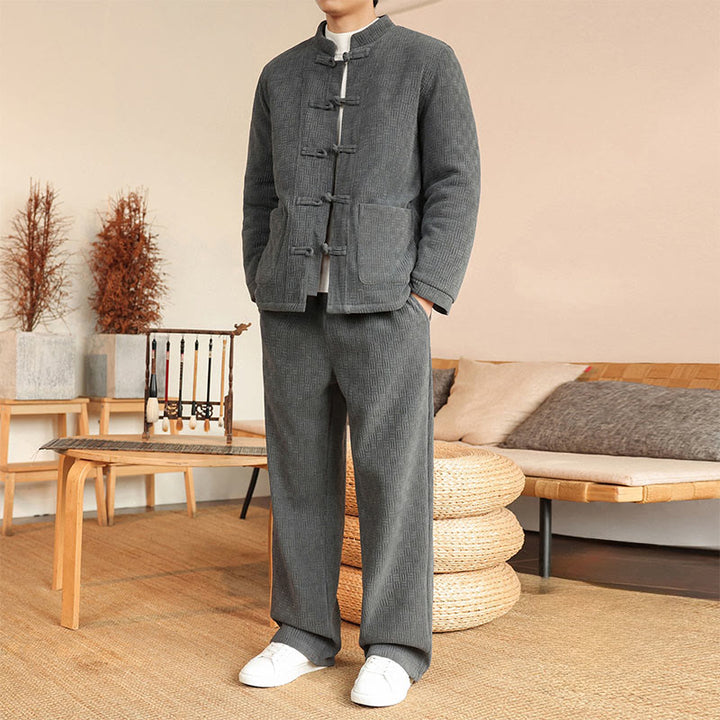 Buddha Stones 2-teiliger Winteranzug für Herren, einfarbig, mit Froschknopfverschluss, Baumwolle, lange Ärmel, Jacke und Hose mit Taschen - image 7