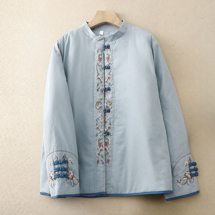 Winterliche Damen-Thermojacke mit Buddha Stones, Winterblumenstickerei, Froschknopfverschluss und langen Ärmeln - Hellblau - US12, UK/AU16, EU44 (3XL) - image 1