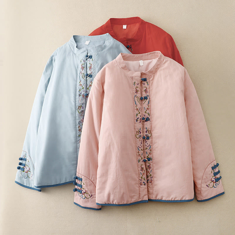 Winterliche Damen-Thermojacke mit Buddha Stones, Winterblumenstickerei, Froschknopfverschluss und langen Ärmeln - image 0